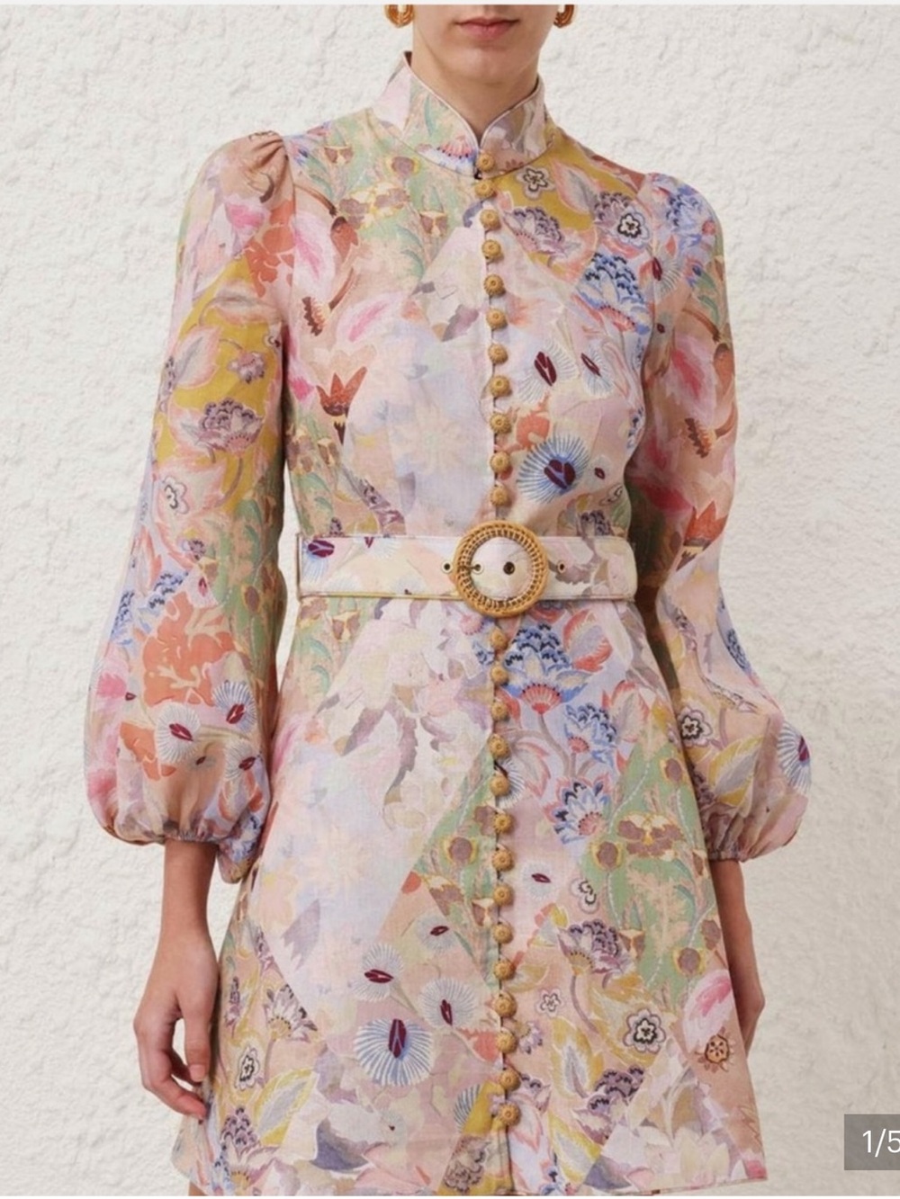 NWOT Zimmermann Belted Floral Print Linen Mini Dress Pastel Sz 3